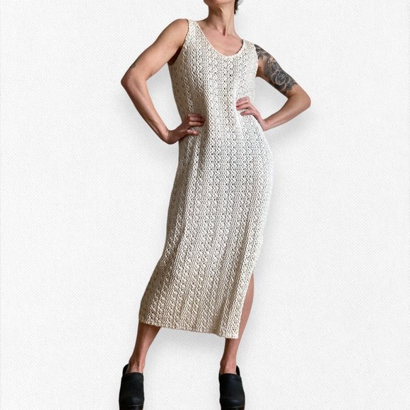 Vintage Dresses & Skirts - Vintage Crochet Maxi Dress White Cream Boho Coastal Grandma Cottagecore Medium